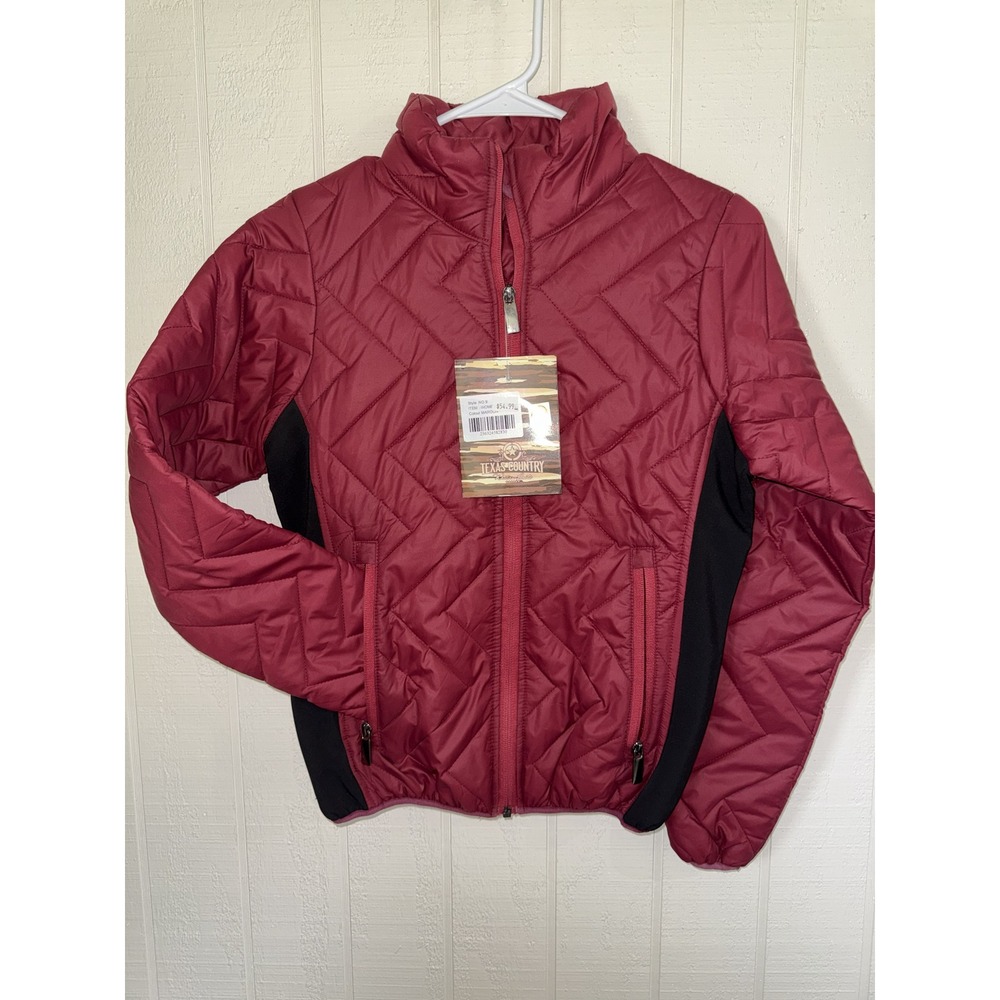 Texas Country Maroon Quilted Puffer Jacket Small Full Zip Mock Neck Maroon